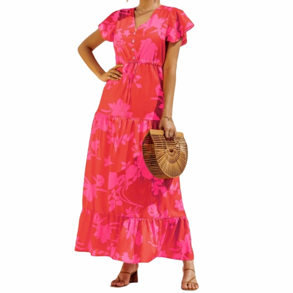 Boho Chic Floral V-Neck Button Tiered Toe Waist Maxi Dress - Picture 16 of 16